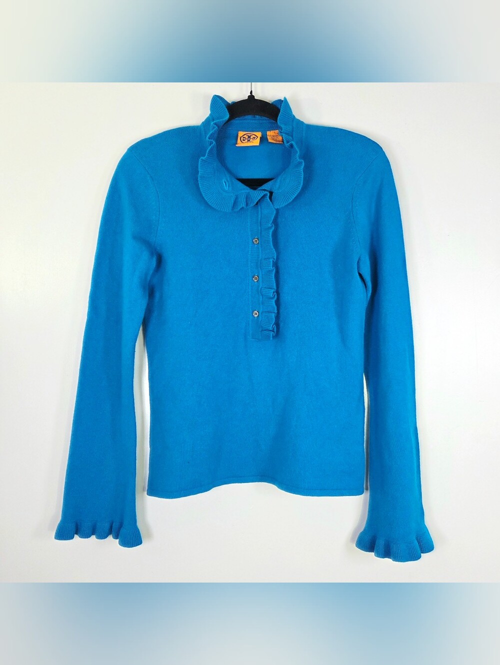 TORY BURCH 100% CASHMERE RUFFLE NECK BELL SLEEVE SWEATER. - Picture 2 of 6